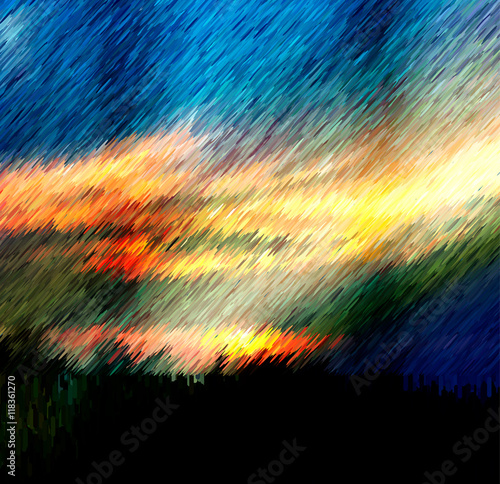Dramatic sky with storm clouds and torrents of rain. Dark landscape with blue, red and yellow clouds and heavy rain