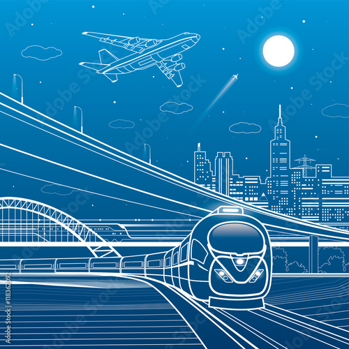 Car overpass, train move, city infrastructure, urban plot, plane takes off, train move, transport illustration, vector design art