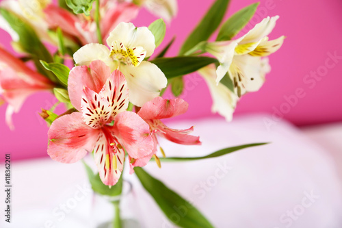 Beautiful alstroemeria flowers in the glass vase
