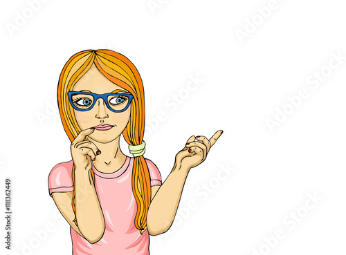 Young girl in glasses thought. Daydreaming and looking 