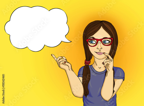 Young girl in glasses thought. Daydreaming and looking 