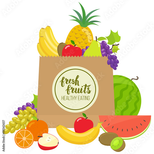 Paper bag with colorful fruits. Handwritten lettering, organic food. Vector stock illustration.