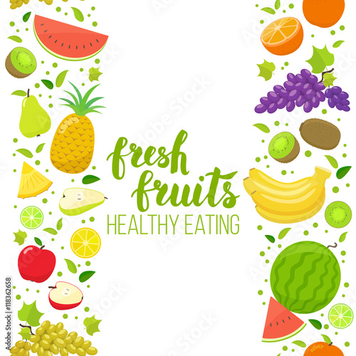 Seamless vertical borders of colorful cartoon fruits on a white background. Vector stock illustration.