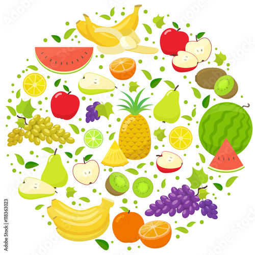 Set of colorful fruits in circle shape background. Template for packaging, cards, posters and eco food menu. Vector stock illustration.