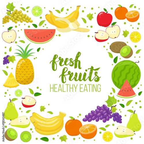 Round frame with colorful fruits. Template for packaging, cards, posters, menu. Handwritten lettering, organic food. Vector stock illustration.