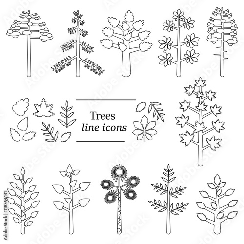 a set of black-and-white line of icons of trees and leaves