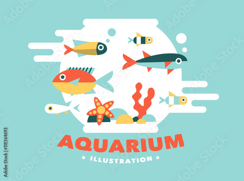 illustration aquarium with fish, flat style