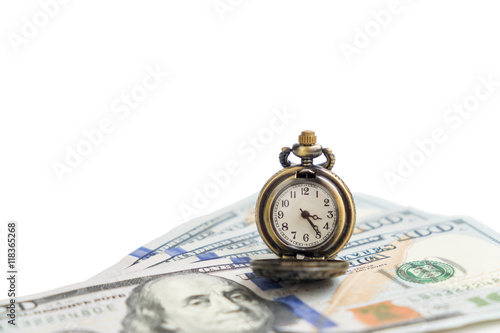 Isolated vintage watch on dollar money cash - business concept