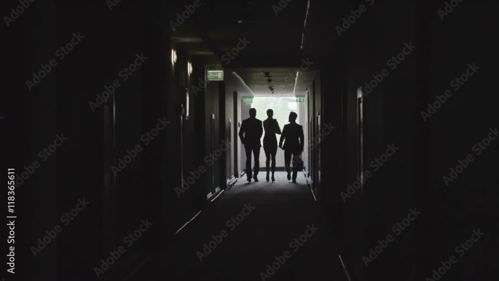 Backlit silhouette of businesswoman holding documents while running through dark corridor with two male colleagues in slow motion Backlit silhouette of businesswoman holding documents while running through dark corridor with two male colleagues in slow motion