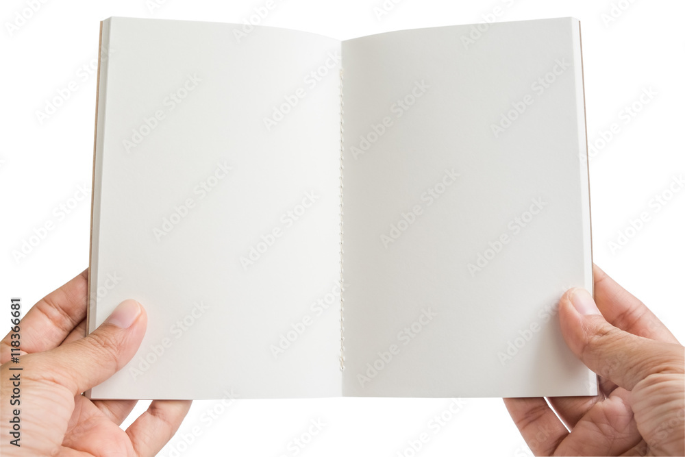 Isolated woman hands hold an open empty notebook Isolated woman hands hold an open empty notebook