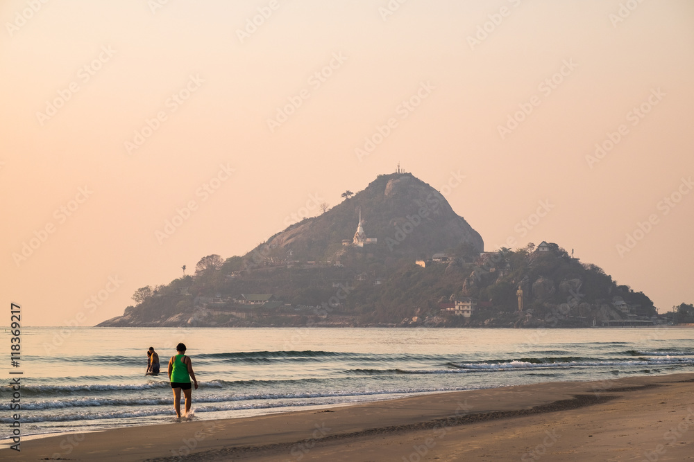Sea beach and mountain khao takiab famous beautiful view at evening, huahin Sea beach and mountain khao takiab famous beautiful view at evening, huahin