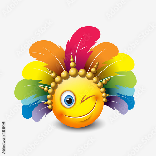 Cute winking emoticon isolated on white background with carnival headdress motive - smiley