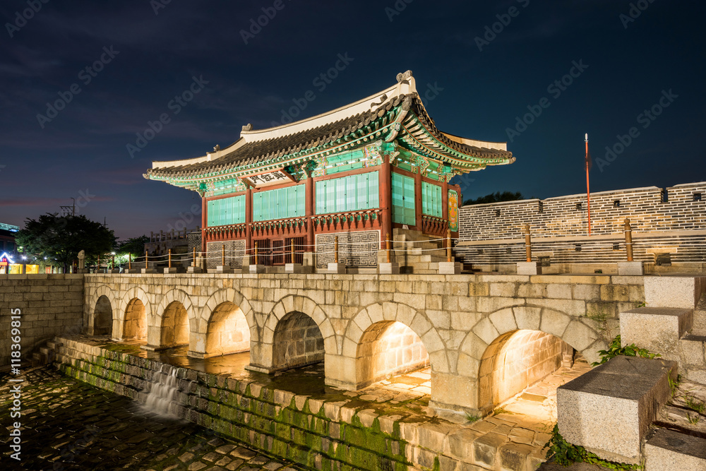 Hwaseong Fortress of Korea in Suwon at Night, South Korea