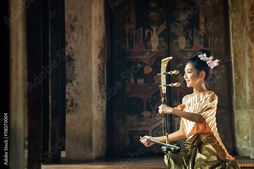 Asian woman wearing traditional thai people,Ayuttaya Thailand,vintage style photo