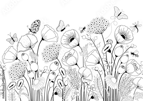 Seamless pattern with  flowers and butterflies