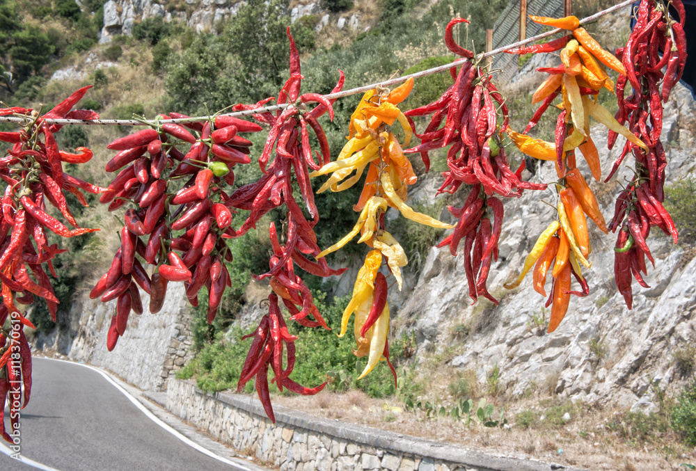 Row of red chilli peppers hanging on a stall on the Amalfi coast road