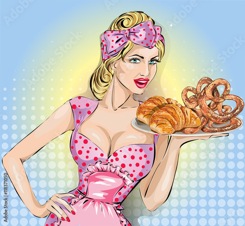 Pop Art woman with food tray. Pin-up fashion girl