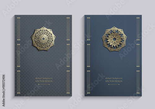 Stock vector set of brochures with gold 3d emblems. Elegant abstract composition, creative round shape icon,  banner in golden and navy blue tones. Vintage style. Design templates. Size A4, vertical. 