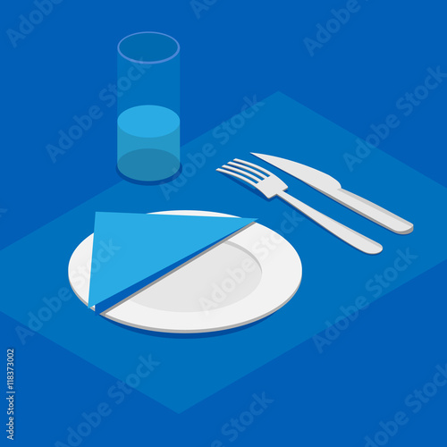 3d isometric table appointments in blue color. Knife, fork, plate with napkin and a glass of water.