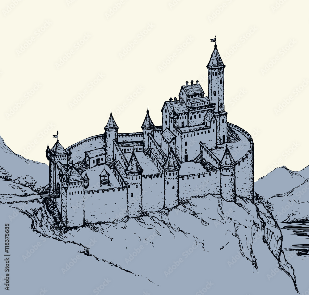 Castle Romanesque style. Vector drawing