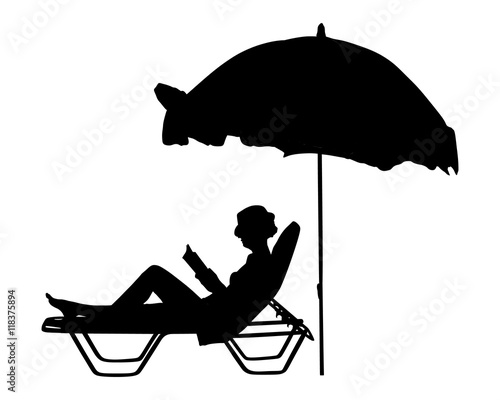 Young woman lying down on sun bed sofa lounge chair on holidays. Woman reading a book on the beach vector silhouette illustration, sunbathing by the pool.