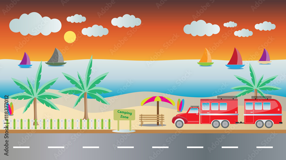  Camping Caravan car with Seascape background