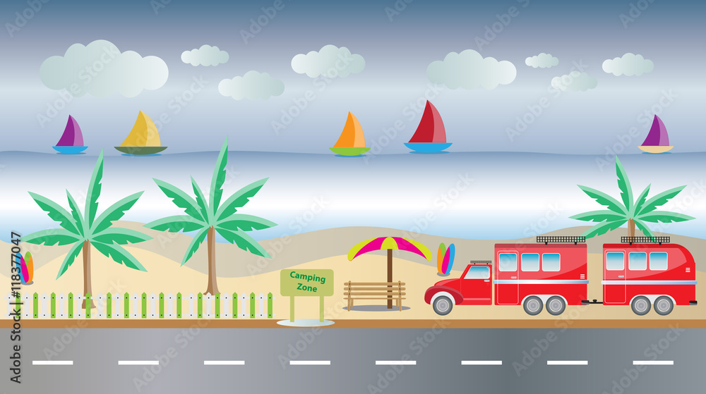  Camping Caravan car with Seascape background