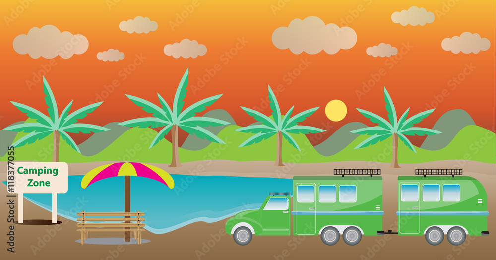  Camping Caravan car with Lake  Landscape background