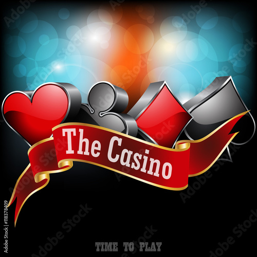 The sign for casino and poker club. The volumetric image. Red ribbon. The four suits of cards deck