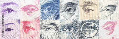 Portraits / images / the eyes of famous leader on banknotes of the main dominant countries around the world. photo