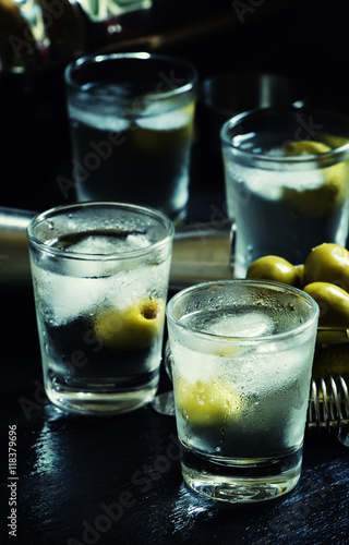 Alcoholic cocktail with dry white vermouth  green olives  vodka