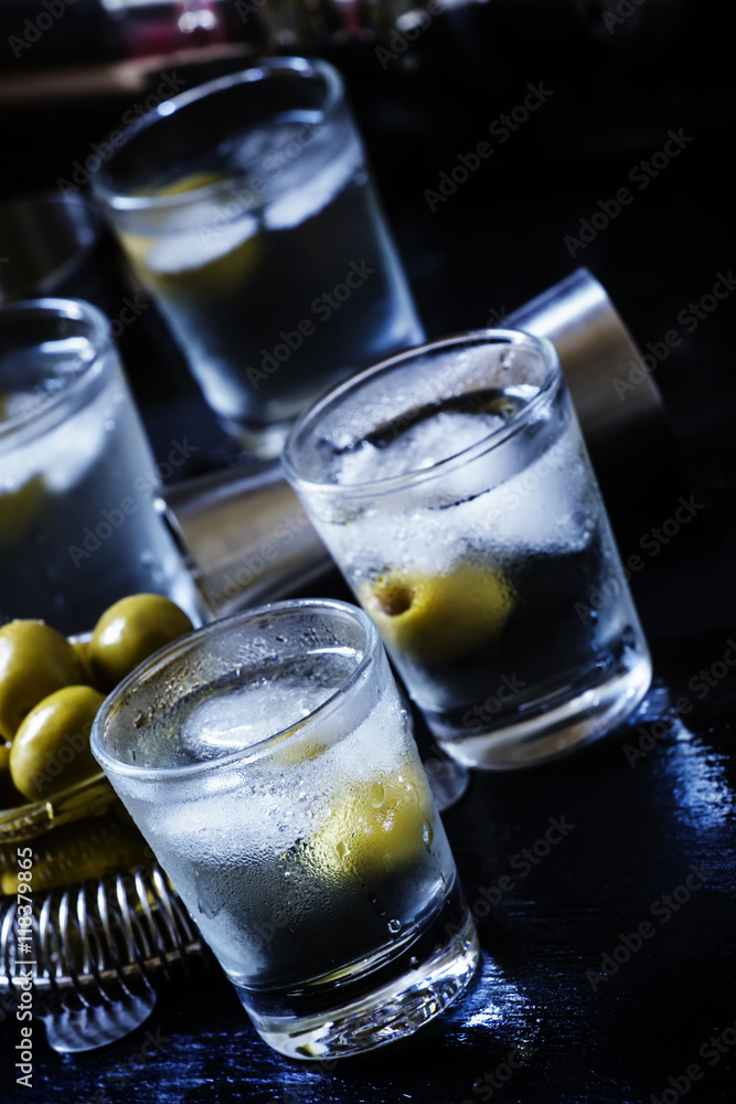Alcoholic cocktail with dry white vermouth, green olives, vodka Alcoholic cocktail with dry white vermouth, green olives, vodka