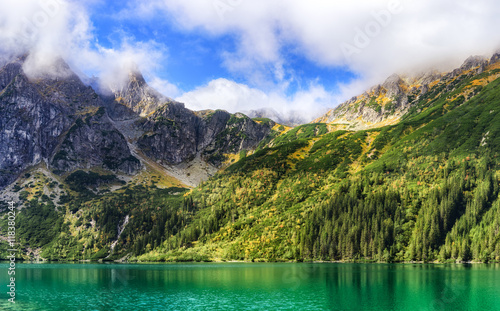Sunny mountain landscape. Mountain range above Morskie Oko Lake, Tatra National Park, Poland
