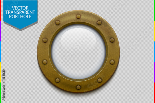 Illustration of a bronze or brass ship porthole with glass isolated on transparent background. Rivets mount. photo