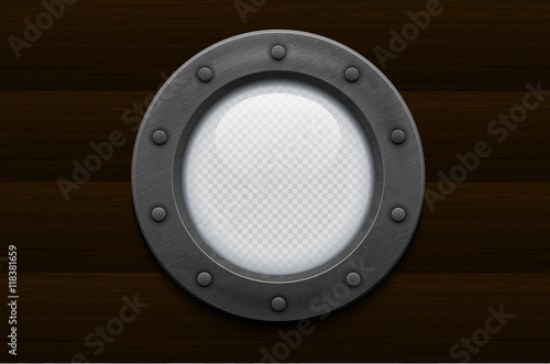 Illustration of metal ship porthole with transparent glass on wooden background. Rivets mount.