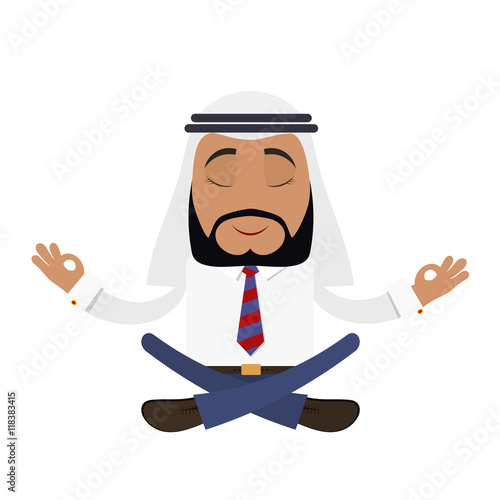 Arabic businessman on a white background in the lotus position.