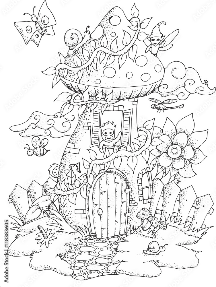 Black and white illustration of a fairy house with details for adult coloring book