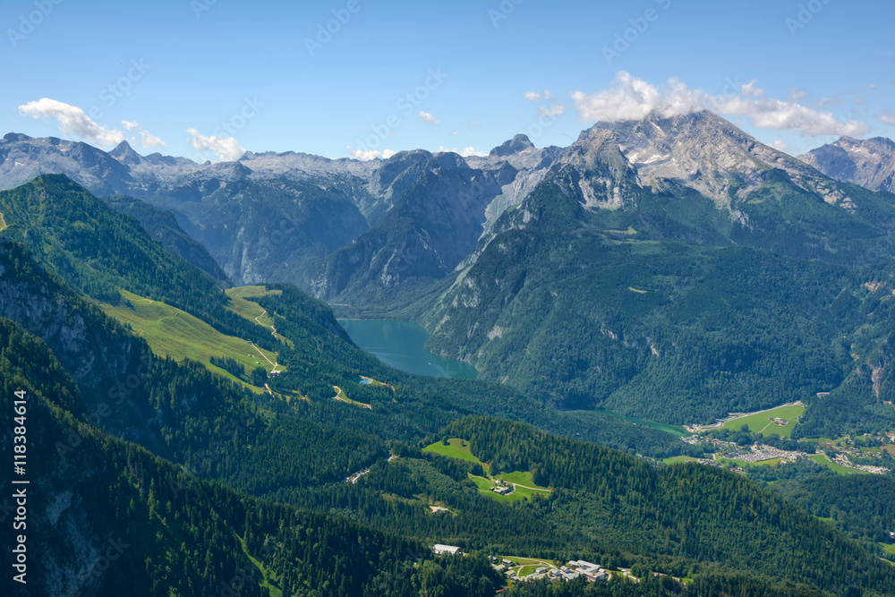 Konig see view and Bavarian alpine mountains