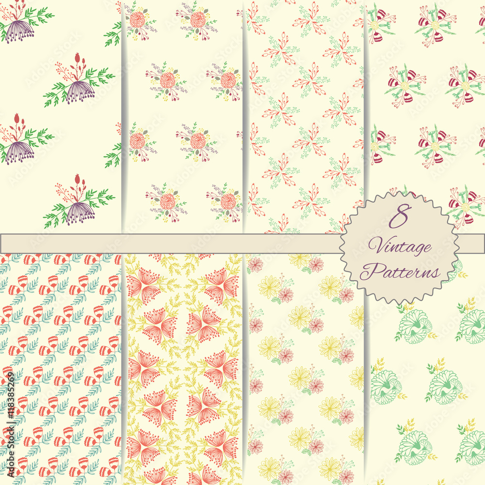 Hand-drawn vector set of vintage floral patterns