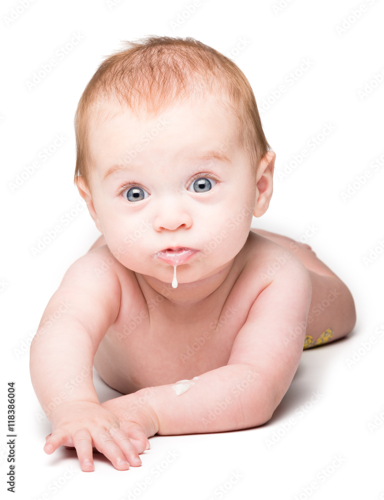 Baby drooling isolated on white background