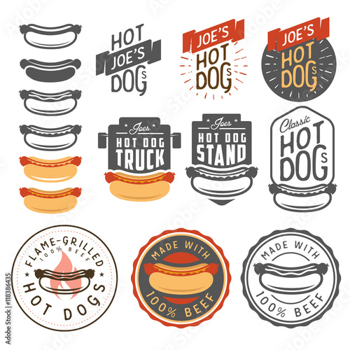 Valokuvatapetti Set of vintage hot dog labels, badges, emblems and design elements