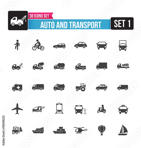 30 icons set auto and transport isolated on the white background