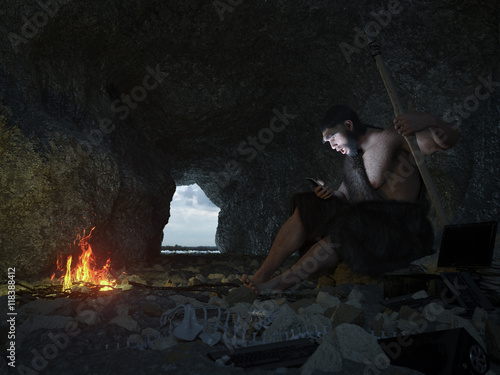 Wallpaper Mural primitive man siting in the cave with smartphone concept illustration Torontodigital.ca