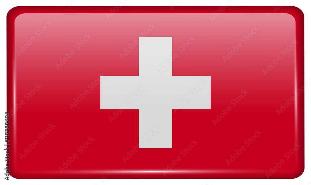Fototapeta premium Flags Switzerland in the form of a magnet on refrigerator with reflections light. Vector