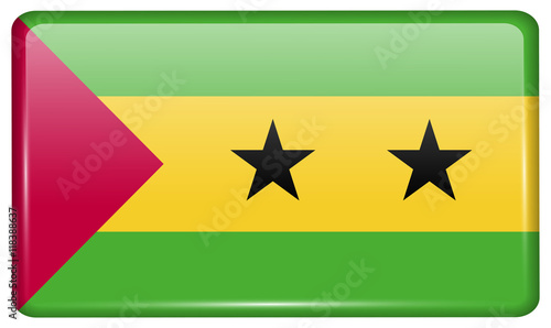Flags Sao Tome Principe in the form of a magnet on refrigerator with reflections light. Vector