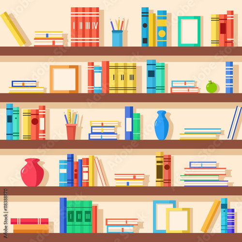 Books on bookshelves. Education. Vector flat illustration