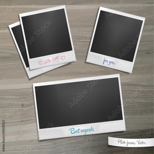 Set of photo frames with caption lies on a wooden table. Template with shadow effect. Vector illustration
