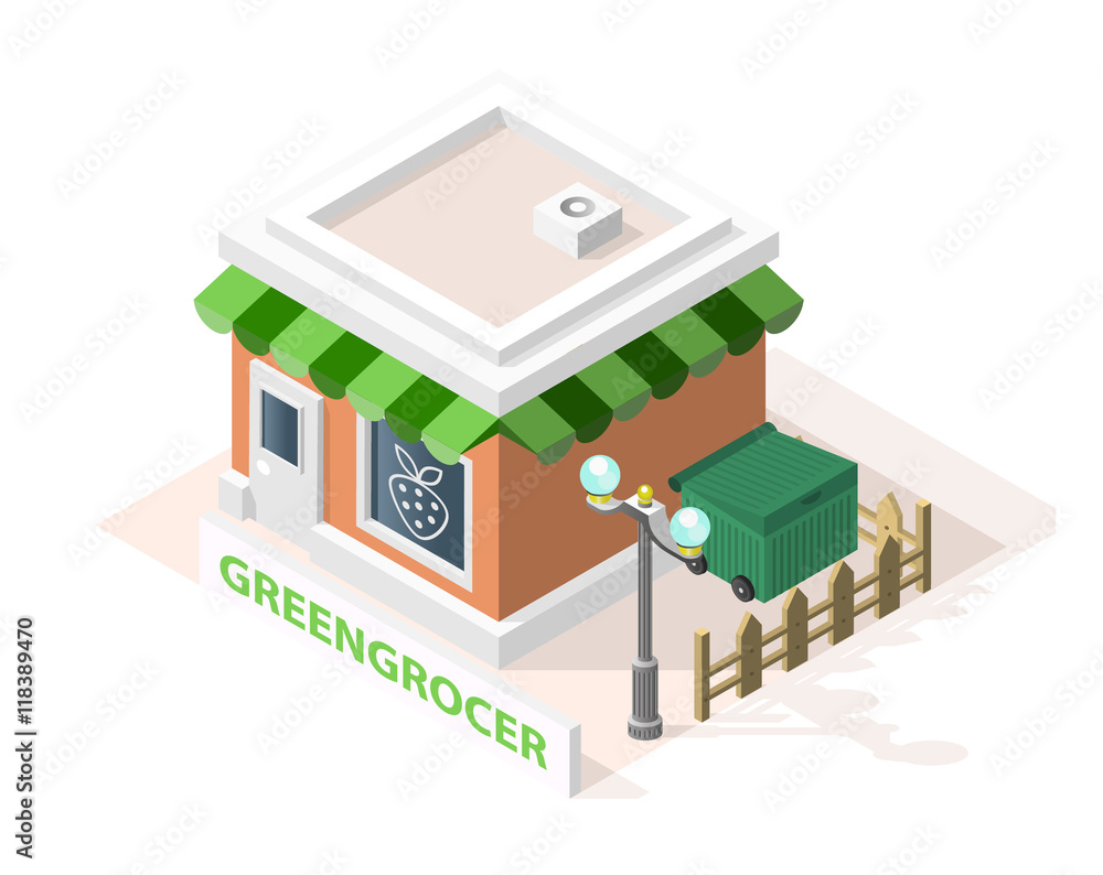 Isometric High Quality City Element with 45 Degrees Shadows on White Background. Greengrocer