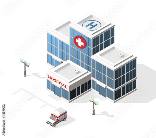 Isometric High Quality City Element with 45 Degrees Shadows on White Background. Hospital.