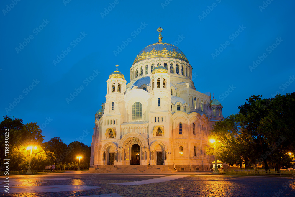 Naval Cathedral of St. Nicholas the Wonderworker, June deserted at night. Kronstadt, Russia